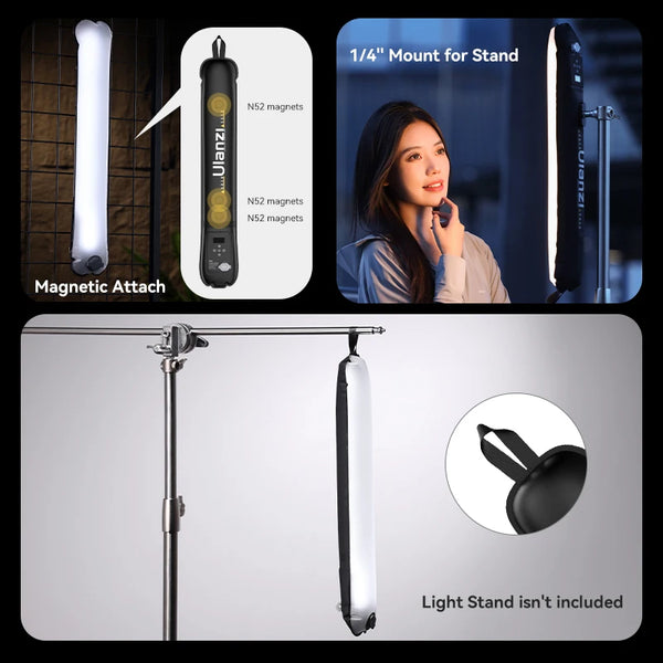 ដំបងភ្លើង Ulanzi UA12 12W បំប៉ោង TPU Air Tube 2700K-6500K ពីរពណ៌ ចល័ត ជើងទ្រម៉ាញេទិក សម្រាប់ការផ្សាយផ្ទាល់