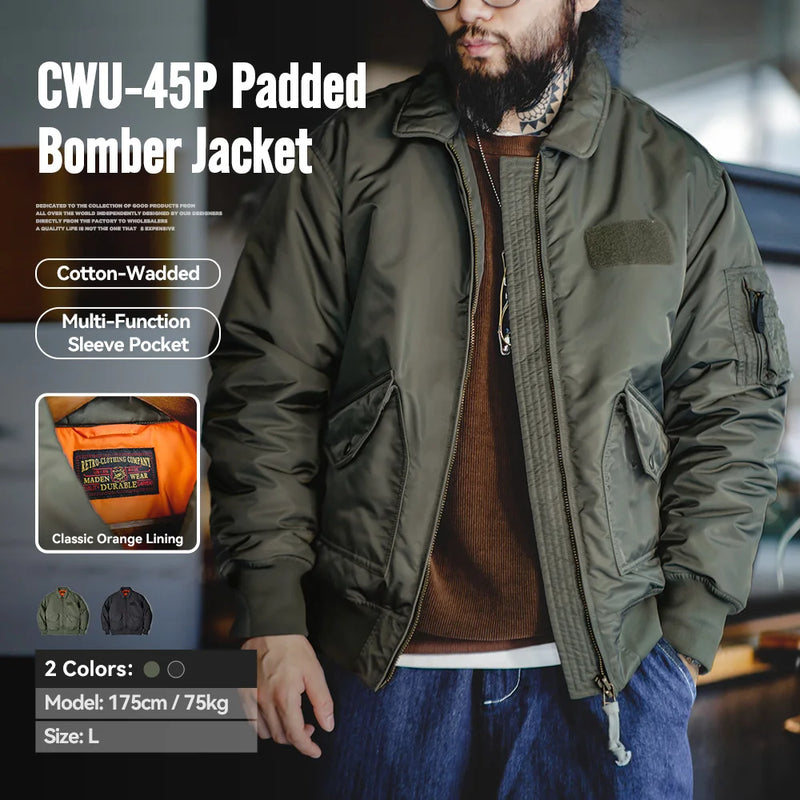 Maden Mens CWU-45P Bomber Jackets Autumn and Winter Windproof Thickened Coat Orange Lining High-density Waterproof Fabric Jacket