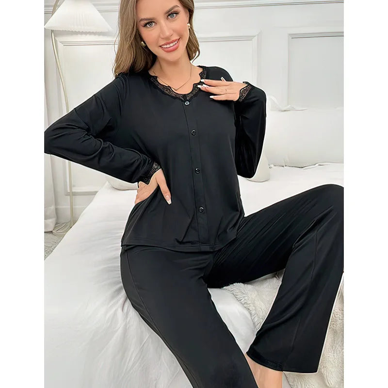 Solid Color Knitted Cotton Splicing Lace V-neck Long-sleeved Trousers Set Women's Pajamas Loungewear Sleepwear Pijamas Female