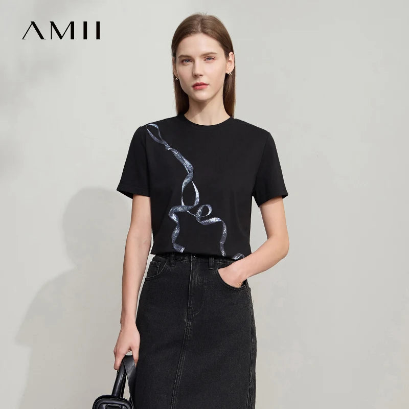 អាវយឺត Amii Minimalism Casual រដូវក្តៅឆ្នាំ ២០២៥ ថ្មីសម្រាប់នារី ក O ត្រង់ បោះពុម្ពត្រជាក់ ប្រឆាំងមេរោគ កប្បាសទឹកកក លាតសន្ធឹង អាវយឺត 12542084