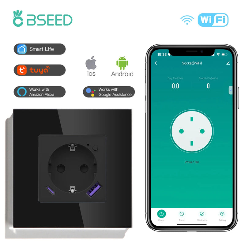 BSEED EU Standard Wifi Smart Socket With 20W USB Type-C Port Power Monitor Timing Function Tuya Alexa Smart Home Control 16A