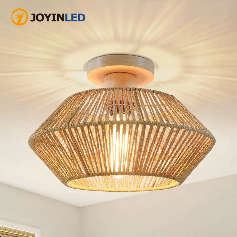 JOYINLED Rattan Ceiling Light Chinese Style Lampshade Hemp Rope Pendant Light Fixture for Home Living Room Decorative Lighting