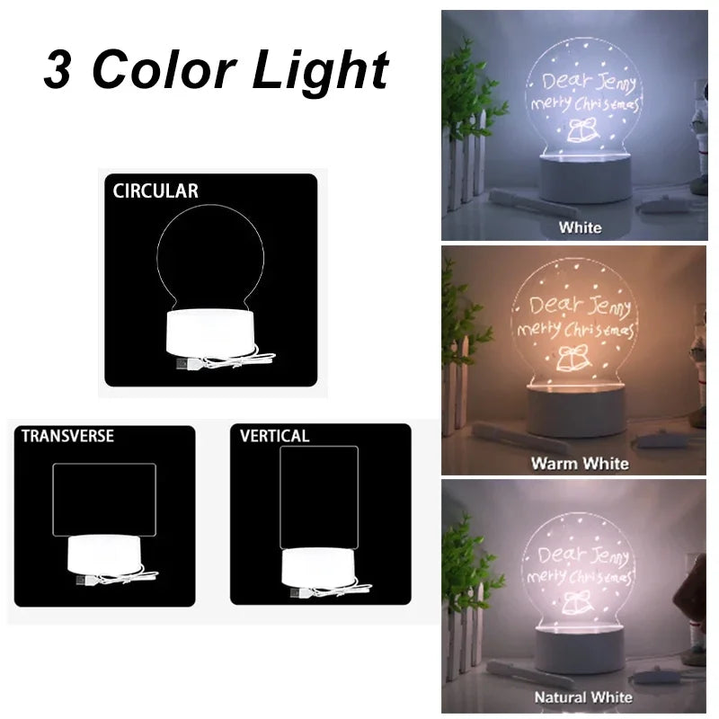 LED Night Light with Pen Acrylic Dry Erase Board Clear Desktop Note Memo Board Painting Message Soft Lights Desk Lamp Gift