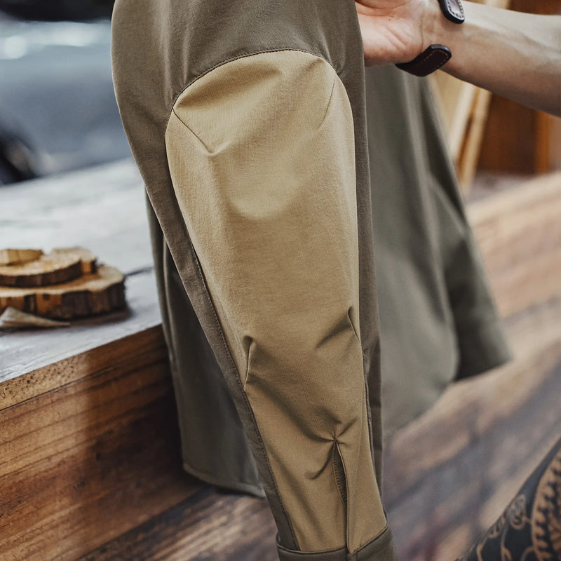 Maden Men's Vintage Safari Shirt Turn-Down Collar Long Sleeve Overshirt with Elbow Patches Single-Breasted Casual Spring Blouse