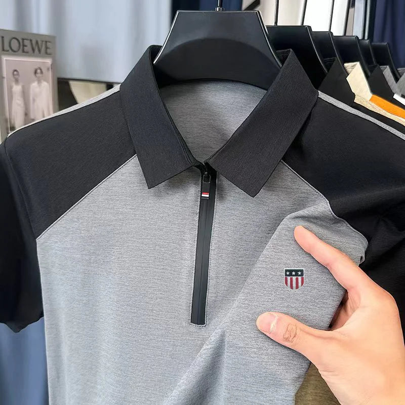 High Quality Summer Men New Short-Sleeved Polo Shirt Lapel Zipper Color Blocking Stamp Korean-Style Leisure Snug Men's Clothing