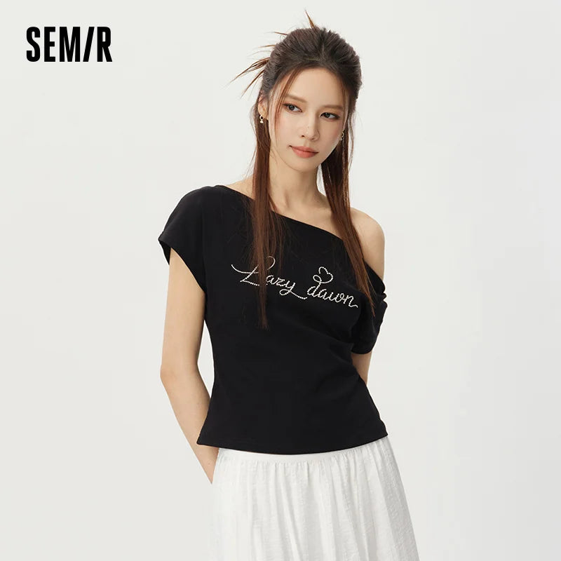 Semir Womens Tshirt 2026 Short Letter Oblique Shoulder Slim Sweet Cool Casual Fashion