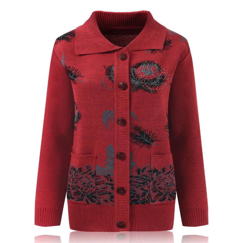 Fdfklak Middle-Aged Elderly Women Knitted Lapel Cardigans Mother Printed Buttons Sweater Spring Autumn Grandma's Clothes