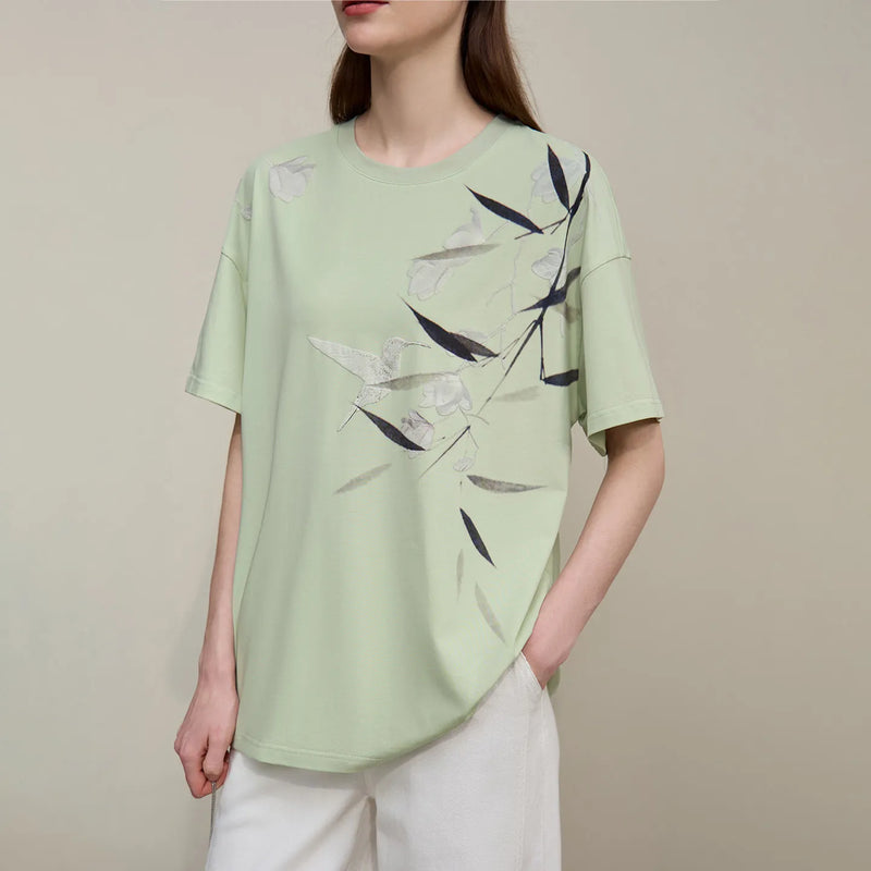 Amii Women's T-Shirt 2026 Summer New Chinese Print O-Neck Drop Shoulder Stretch Tops Cotton Loose Fit Short Sleeve Tee 12652009