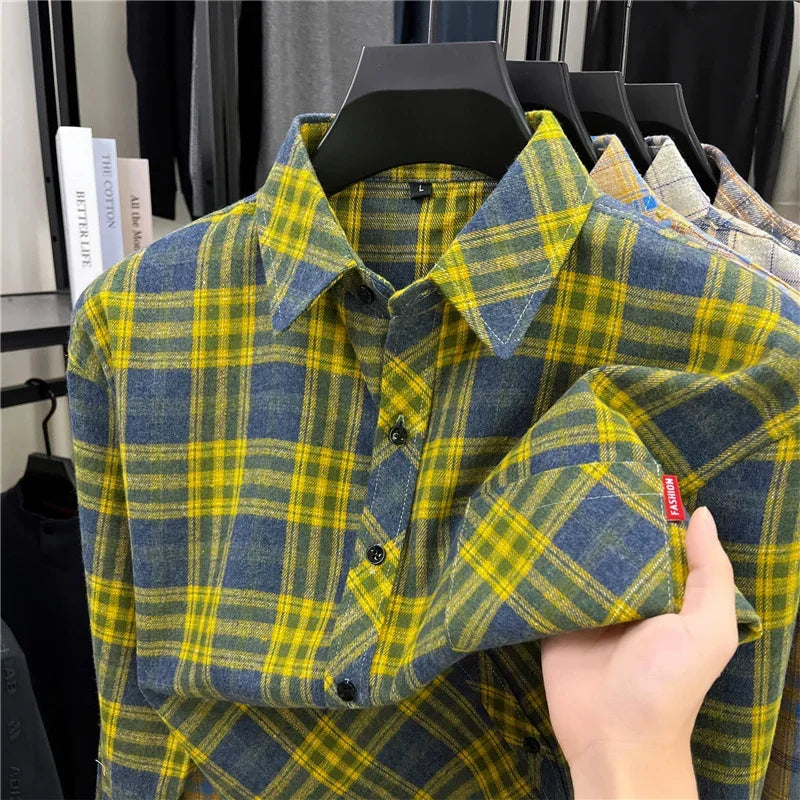 Fashion Check Pattern Men Long Sleeve Shirt Classic Lapel Design Versatile Matching Layer Outfit Street Casual Shirt