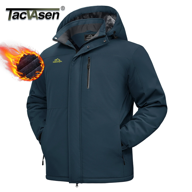 TACVASEN Mens Heavyweight Ski Jacket Waterproof Fleece Parka Detached Hood Windproof Placket Outdoor Coat Winter Warm 5 Pocket
