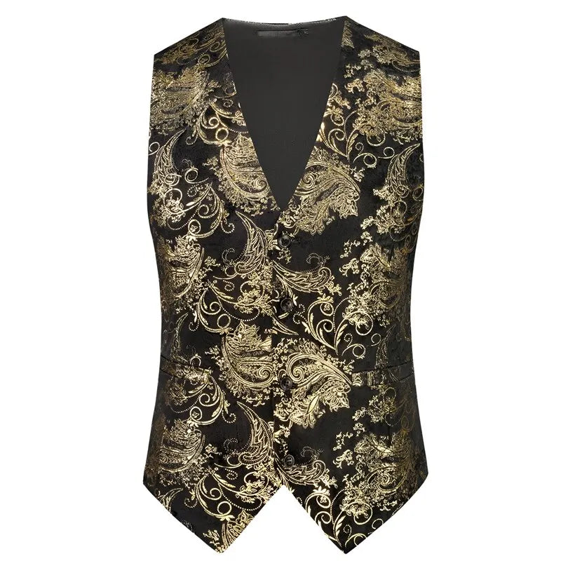 Men's Gold Printed Sleeveless Suit Vest, Red Single Breasted V-Neck Waistcoat, Wedding Party Vests, Asian Size M-6XL