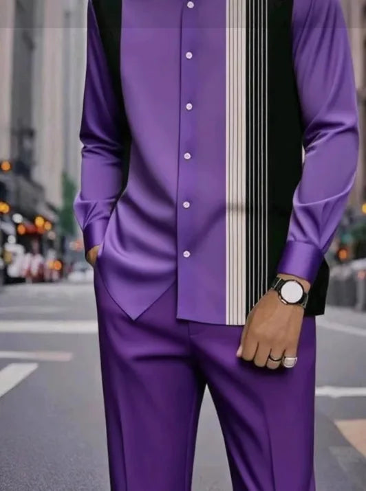 Men's Two-piece Set for Spring/Fall: An Ethnic-style Long-sleeve Shirt Paired with Pants, Red, Blue, Green, Gray, Black, Purple.
