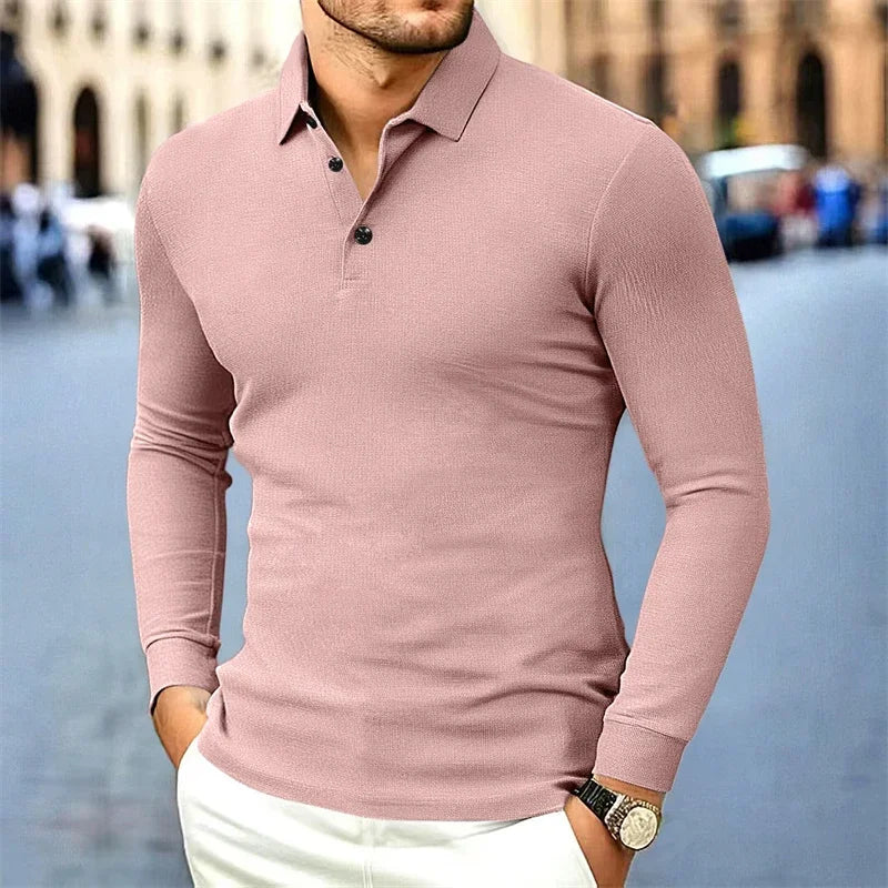 Men's Business Casual Long Sleeved Shirt Solid Color Fashionable Breathable Comfortable Versatile Polo Top
