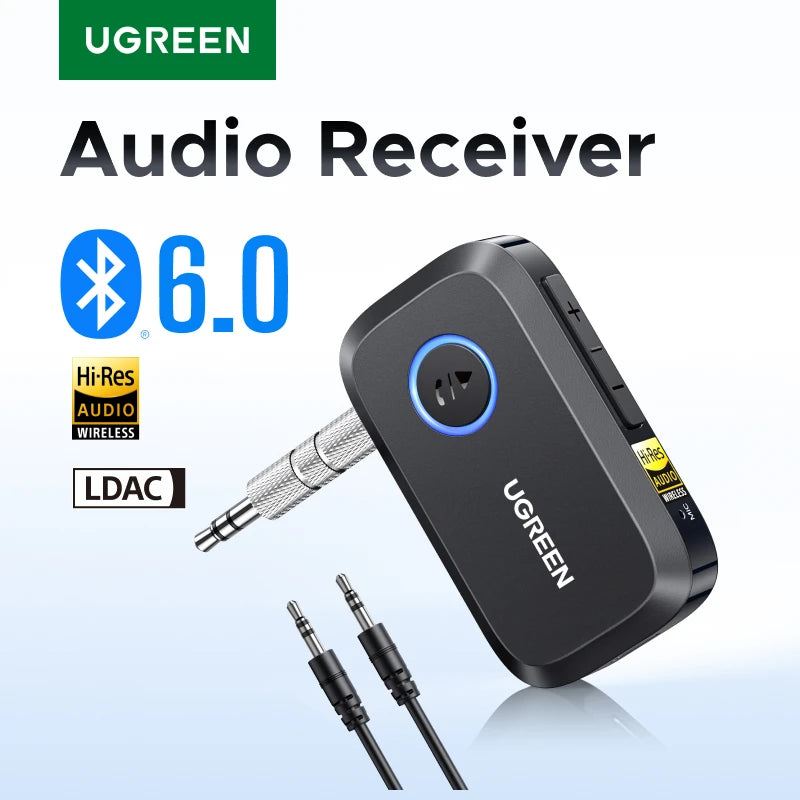 UGREEN Bluetooth 6.0 Receiver with LDAC, Hi-Res Wireless Audio Adapter 3.5mm AUX Receiver for Speakers/Wired Speakers/Stereo