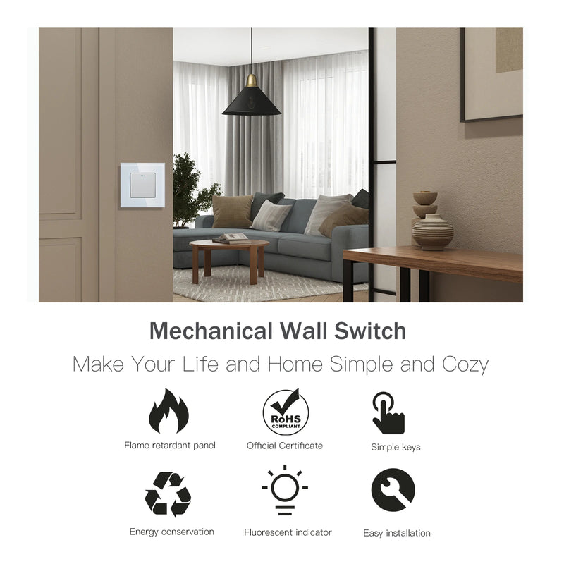 BSEED Mechanical Wall Light Switch Double Button Switch 1Gang 1Way With Glass Frame Triple Power Switch 250v White Black