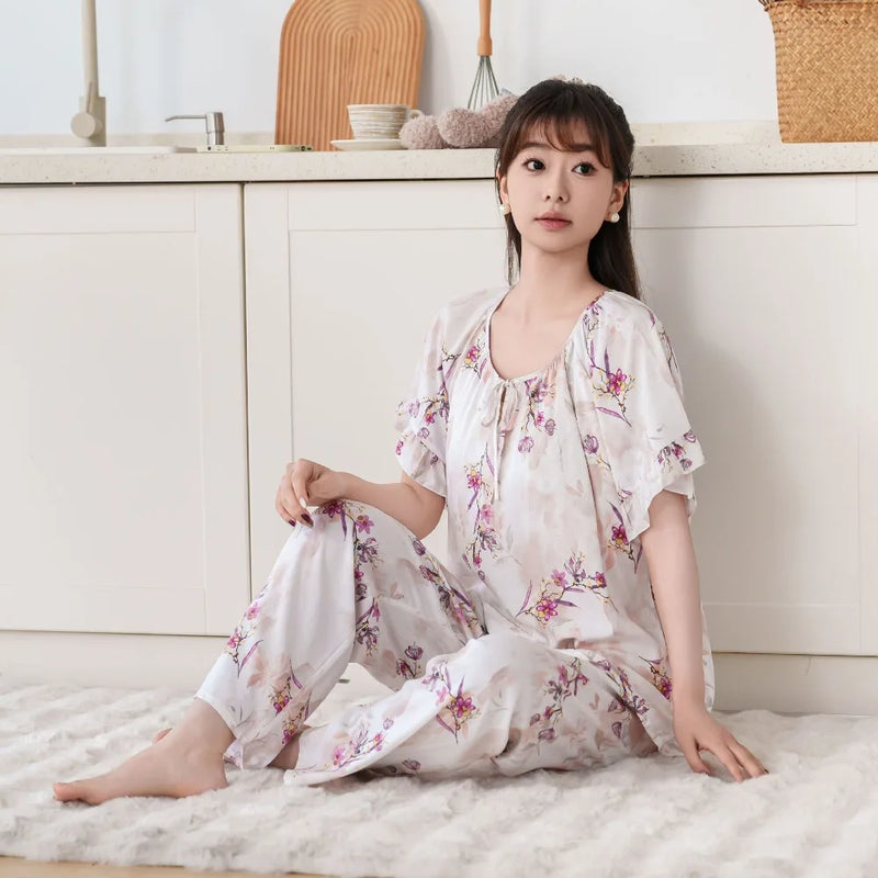 Thin Summer Wear Short Sleeve Home Suit For Women Pajamas Ladies Two-piece Set Pyjama Femmes Floral 2PCS Women's Pajamas Set