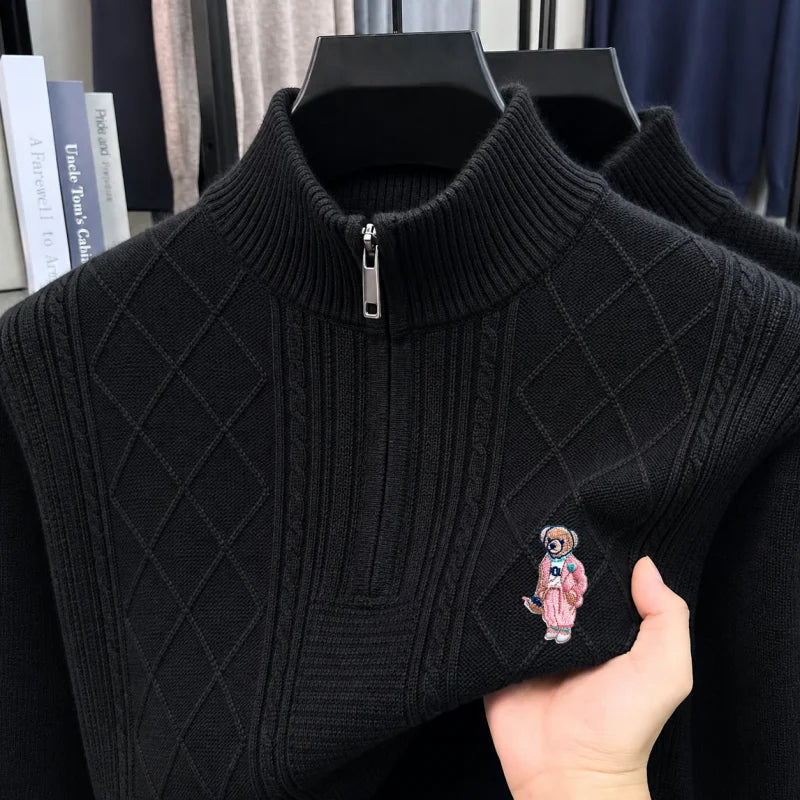 Luxury Man Long-Sleeved Knitwear Mock Neck Zipper Bear Embroidery Diamond Pattern Autumn Winter New Leisure Versatile Men's Wear