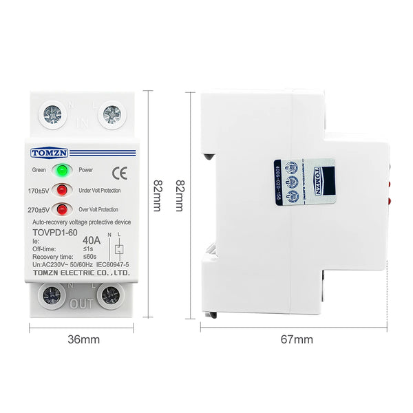 TOMZN 40A 230V Din Rail 3 LED Automatic Reconnect Over Voltage And Under Voltage Protective Device Protector Protection Relay