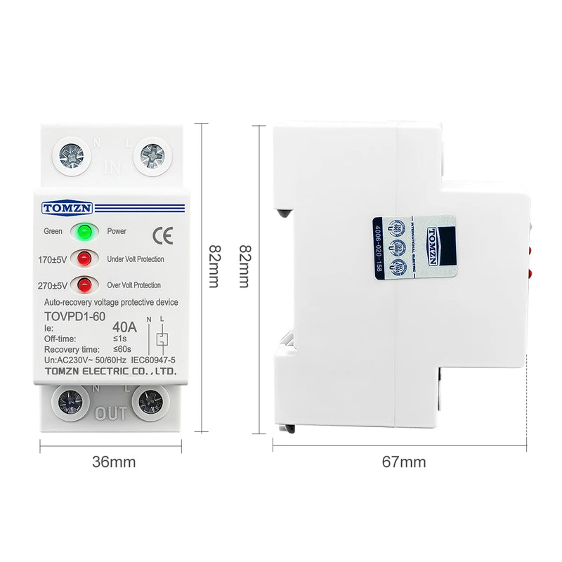 TOMZN 40A 230V Din Rail 3 LED Automatic Reconnect Over Voltage And Under Voltage Protective Device Protector Protection Relay
