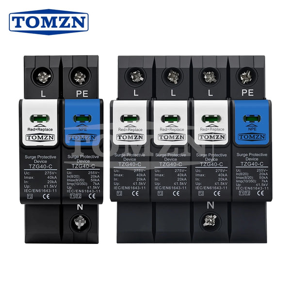TOMZN N-PE Surge Protector SPD 1P+NPE & 3P+NPE, Discharge Tube 20-50kA, 230V/380V AC, Pluggable T1+T2  Flame-Retardant Housing