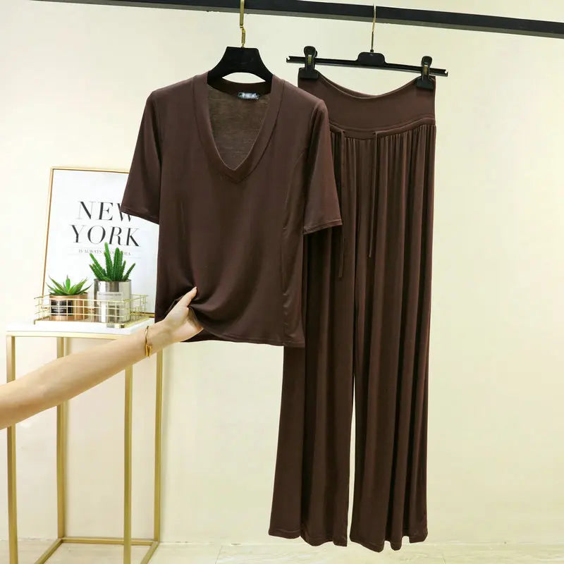 Soft Modal Sleepwear Women's Summer Pajamas Thin T Shirt Wide Leg Pants Set Loose Large Size Home Clothes  M-6XL Pijamas
