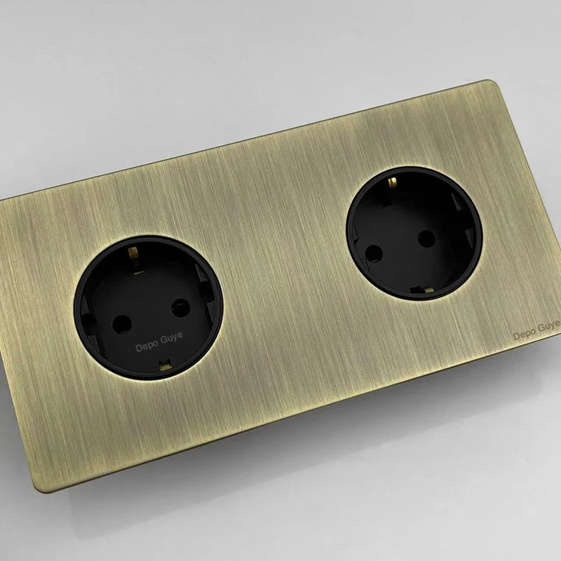 172 Type Retro Double EU French Metal Wall Power Socket Panel,Black/White Brushed Stainless Steel Antique Outlet Brass For Home