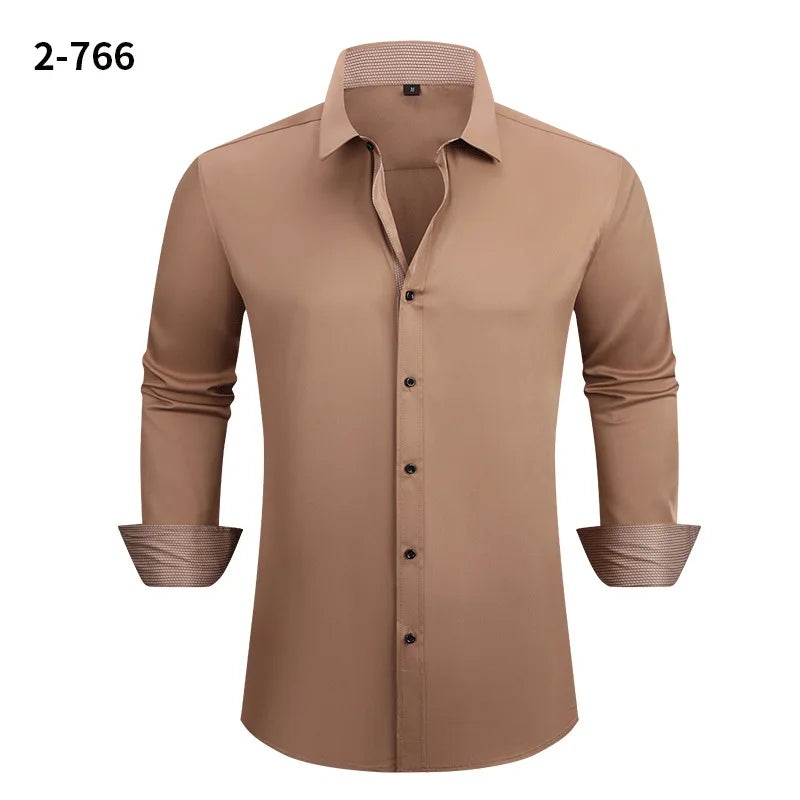 Men's Black Long-sleeve Stretch Shirt, Red Patchwork-trimmed Shirts, Commuter-style Single-Breasted Lapel Tops.