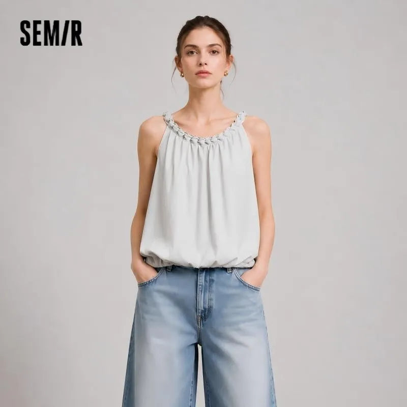 Semir Women Shirt Short Length Knot Halter Fluffy Bud Loose A Line Cute Gentle Stylish 2026 Summer Top