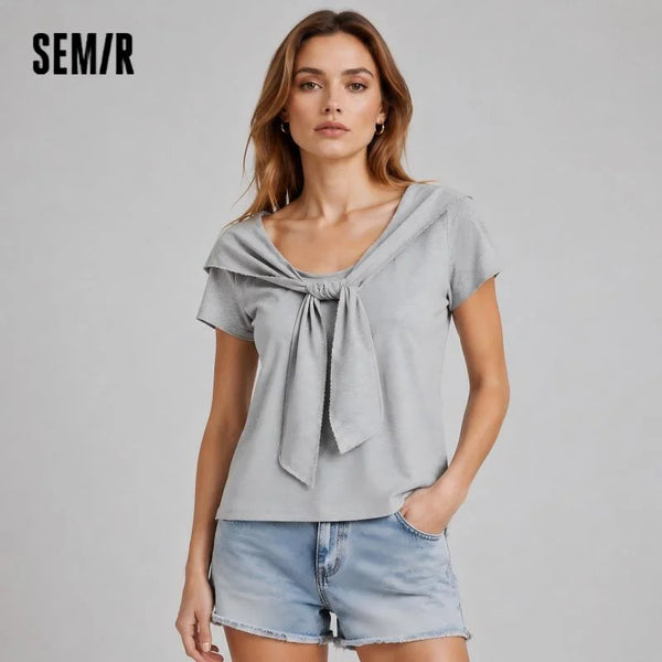 អាវយឺត Semir សម្រាប់នារី ប្រវែងខ្លី ក្រមារពីរដុំ រចនាបថដូចចរ ស្លីមហ្វីត ម៉ូដរដូវក្តៅ ឆ្នាំ២០២៦