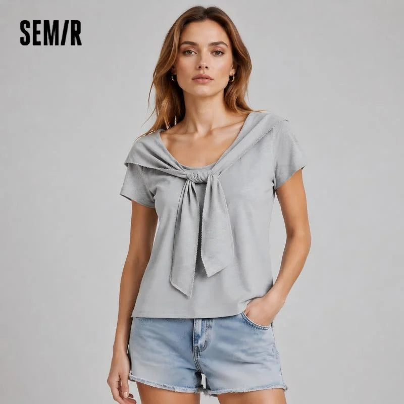 Semir Women Tshirt Short Length Fake Two Piece Lace Lapel Shawl Standard Shoulder Slim Fit 2026 Summer Fashion Top