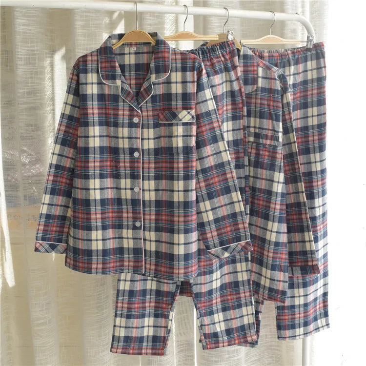 Spring Autumn Men's 100% Cotton Pajamas Suit Leisure Plaid Lapel Long Sleeve Home Clothes Women Sleepwear Set Pijamas De Mujer