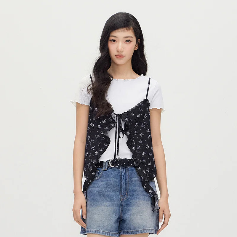 Semir Women Set Short Length Lace Tshirt Floral Textured Slip Vintage Sweet 2026 Summer Casual Fashion Top