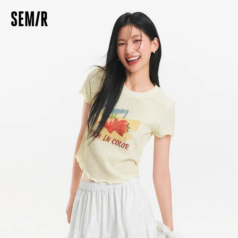 Semir Women Fruit Print T-Shirt Ruffle Hem Textured Slim Fit 2025 Summer Soft Aesthetic