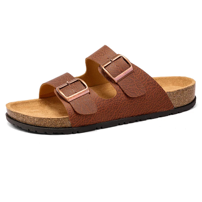 Men's Adjustable Double Buckle Cork Footbed Slide Sandals Casual Leather Open Toe Flat Slip on Summer Walking Beach Slide Shoes