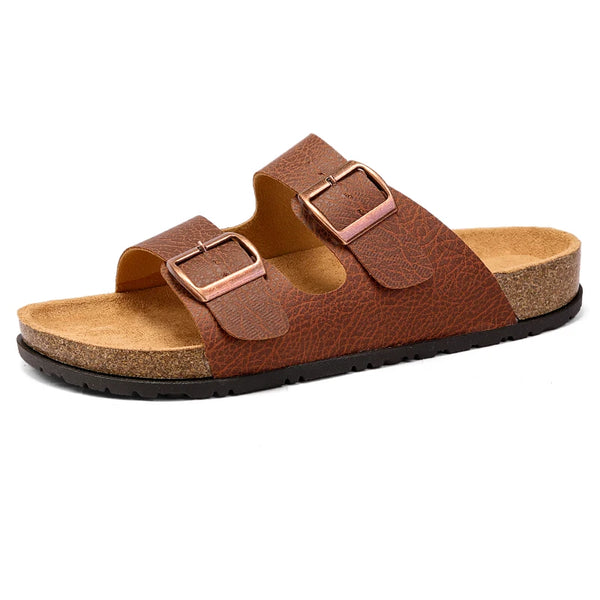 Leather Mens Cork Slippers Adjustable Double Buckles Comfort Clogs Soft Health Footbed Men Women Leopard Print Sandals