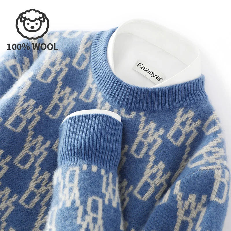 Unisex 100% Wool Sweater, Color Block Jacquard Round Neck, Loose Fit Winter New, High-end Fashionable Warm