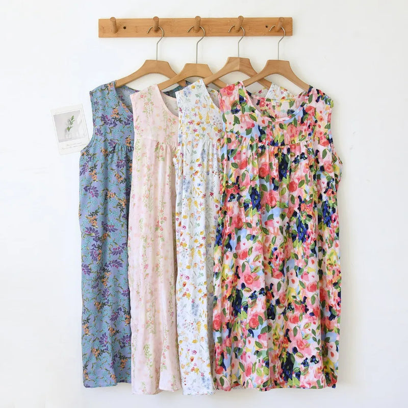 New Style Summer Sleepwear One Piece Dress Sleeveless Floral Nightgowns Woman Nightdress Soft Home Wear Lounge Sleeping Dress