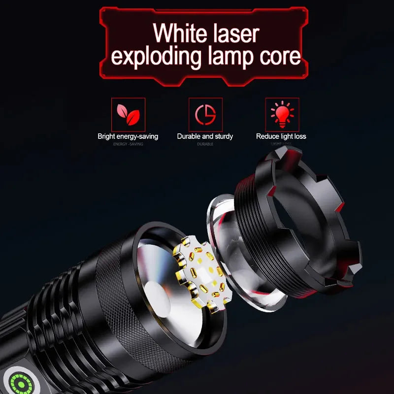 ពិលឡាស៊ែរ LED អាចសាកបាន កែវពង្រីកពង្រីក ពិលយុទ្ធសាស្ត្រ ភ្លឺខ្លាំង សម្រាប់បោះតង់ ឡើងភ្នំ សង្គ្រោះបន្ទាន់ ភ្លើងពិលកាន់ដៃ