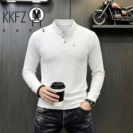 Breathable Vertical Texture Henley Pullover Men Long Sleeve Mandarin Collar Two Button Front Versatile Everyday Garment