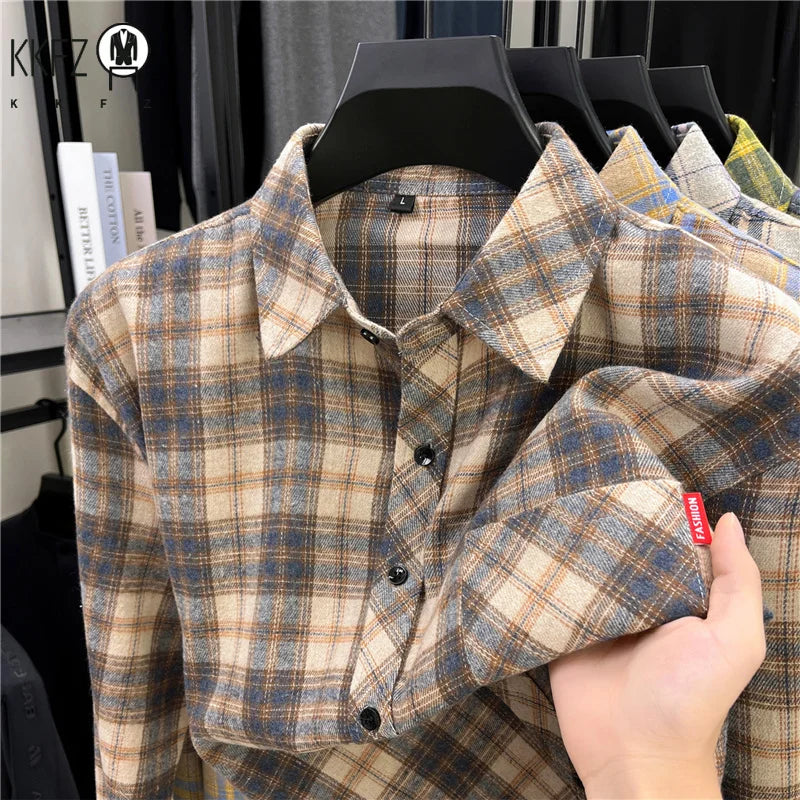Fashion Check Pattern Men Long Sleeve Shirt Classic Lapel Design Versatile Matching Layer Outfit Street Casual Shirt