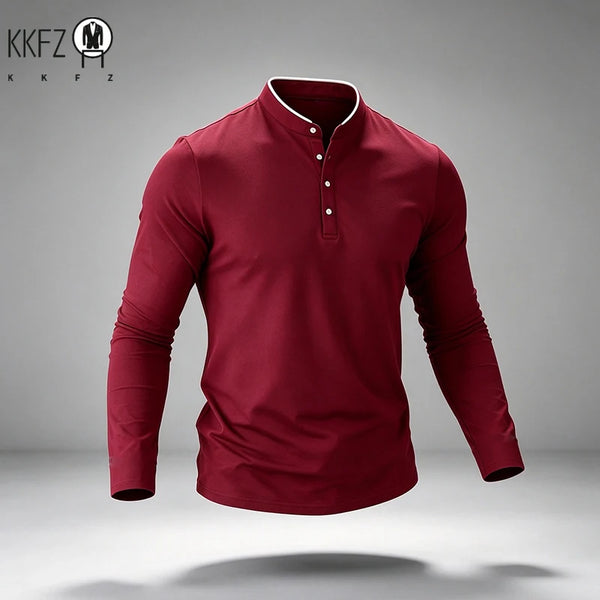 Mens Basic Mandarin Collar Long Sleeve Polo Top Button Design Contrast Neckline For Vacation Short Trip Leisure Scenarios
