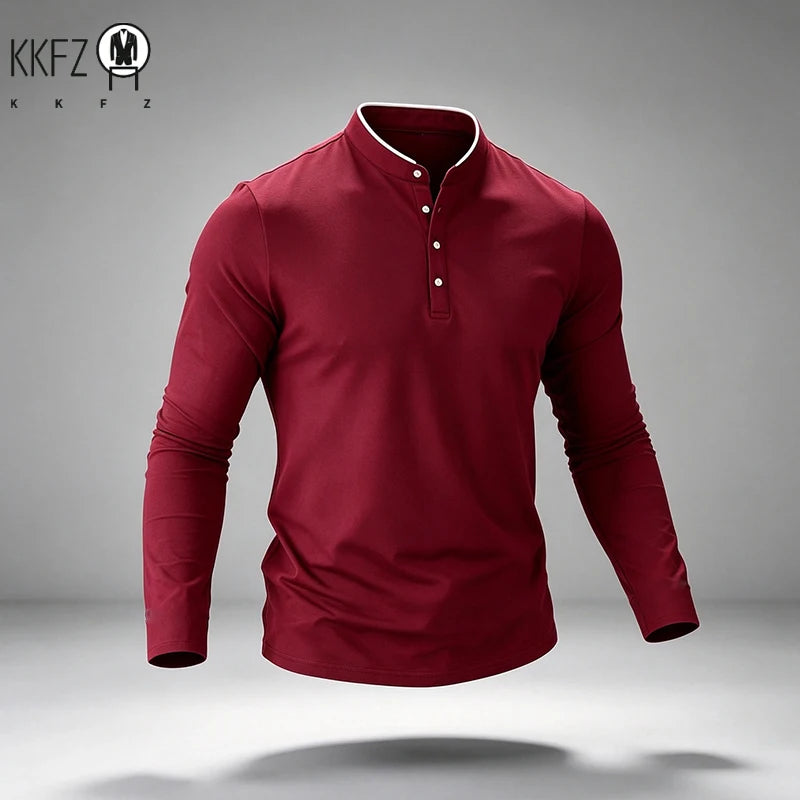 Mens Basic Mandarin Collar Long Sleeve Polo Top Button Design Contrast Neckline For Vacation Short Trip Leisure Scenarios