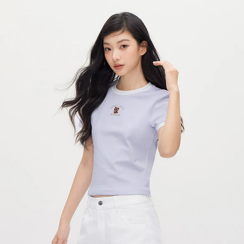 Semir Women Tshirt Cropped Contrast Color Slim Straight Shoulder Short Sleeve Summer 2026 Casual Style Soft Top