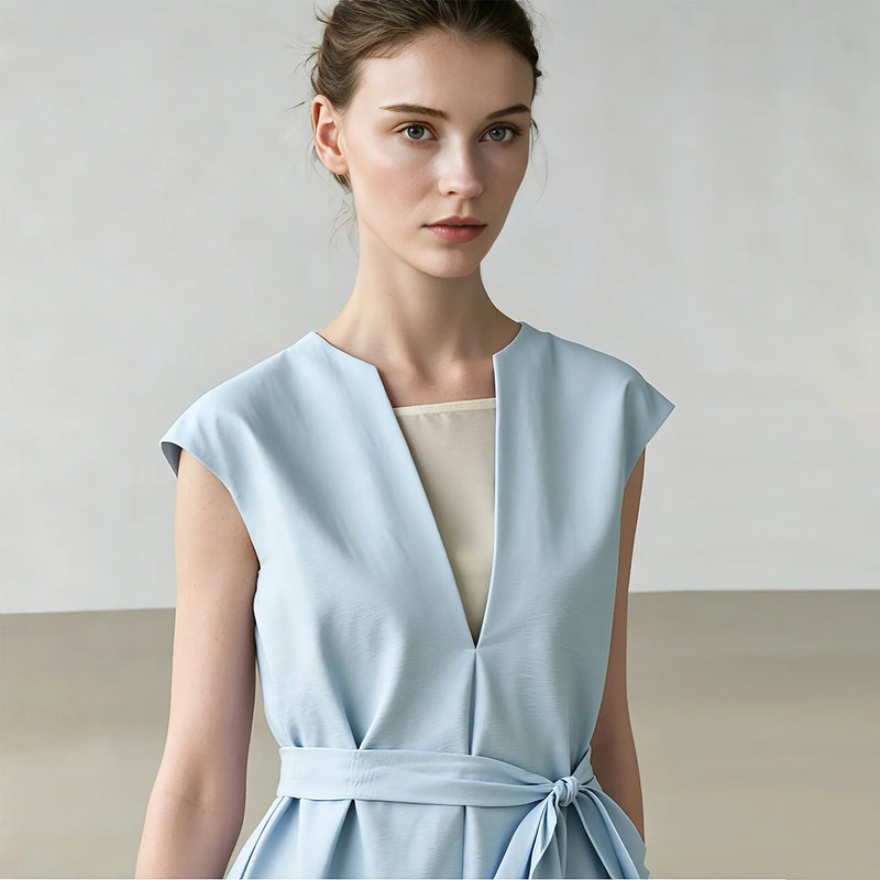 Amii Women's Dress 2026 Summer New Layer Tie Color Block Patchwork Office Lady Midi Dress Loose Shift Woman Clothing 12652053