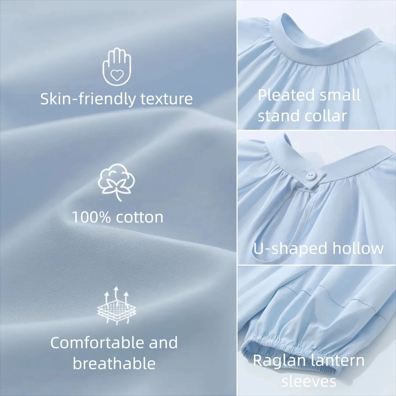 Amii Women's Shirt 2026 Summer New Stand Collar Lantern Dolman Sleeve 100% Cotton Blouse Loose Casual Short Top Female 12642176