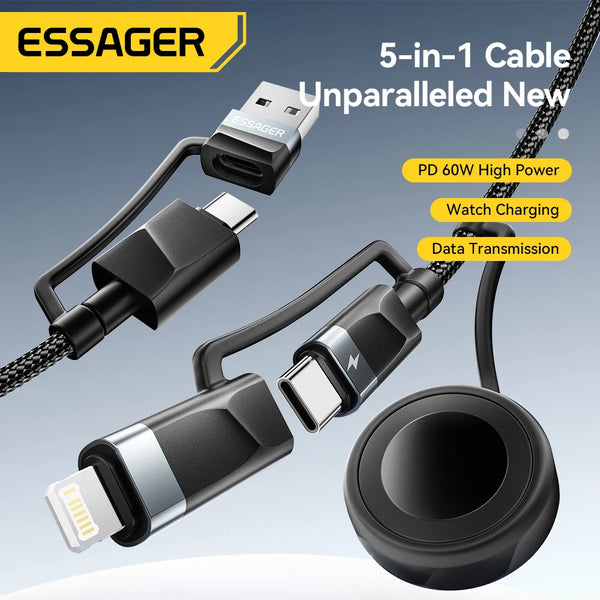 Essager 5-in-1 USB-A/Type-C to Type-C/Lighting/Watch PD 65W Fast Charging For IPhone16 15 14 Xiaomi MacBook iPad Tablet Laptop