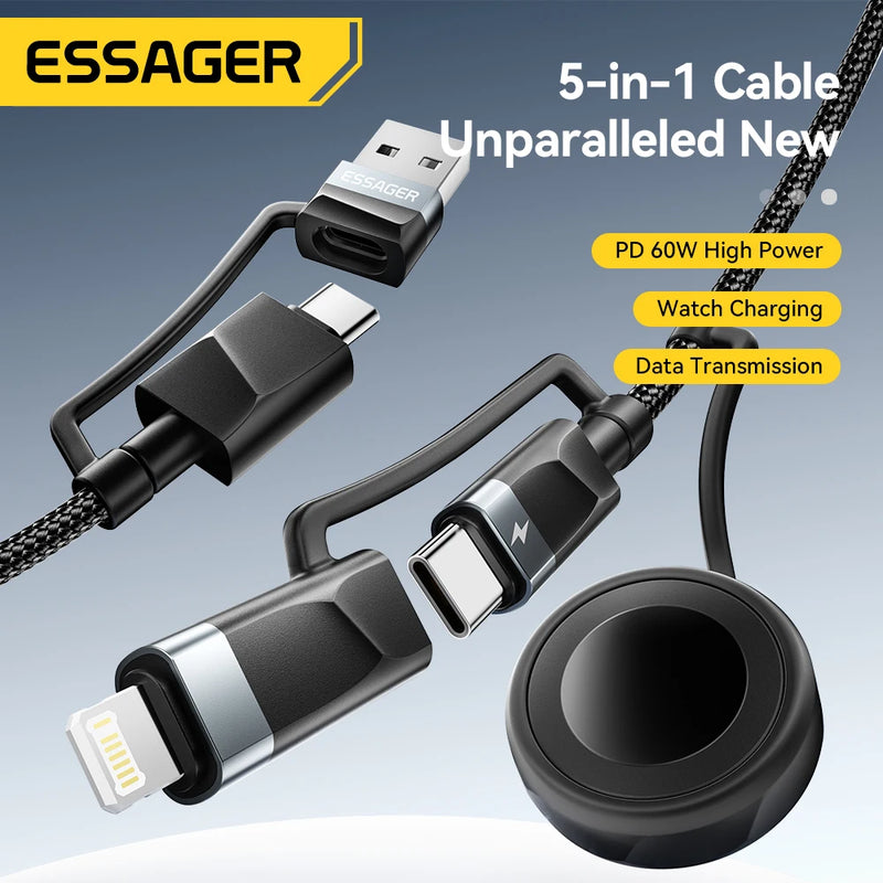 Essager 5-in-1 USB-A/Type-C to Type-C/Lighting/Watch PD 65W Fast Charging For IPhone16 15 14 Xiaomi MacBook iPad Tablet Laptop