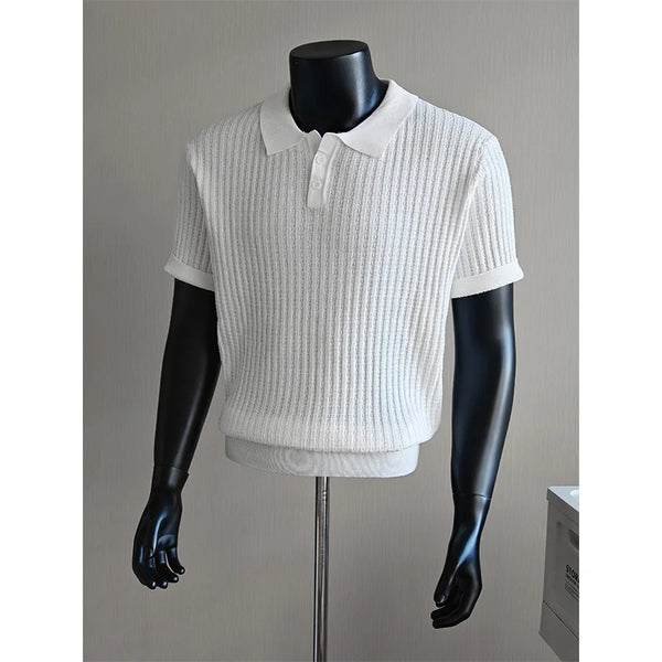 Men’s Short Sleeve Ribbed Knit Polo Shirt Solid Color Soft Breathable Classic Collar Casual Top Business Sports