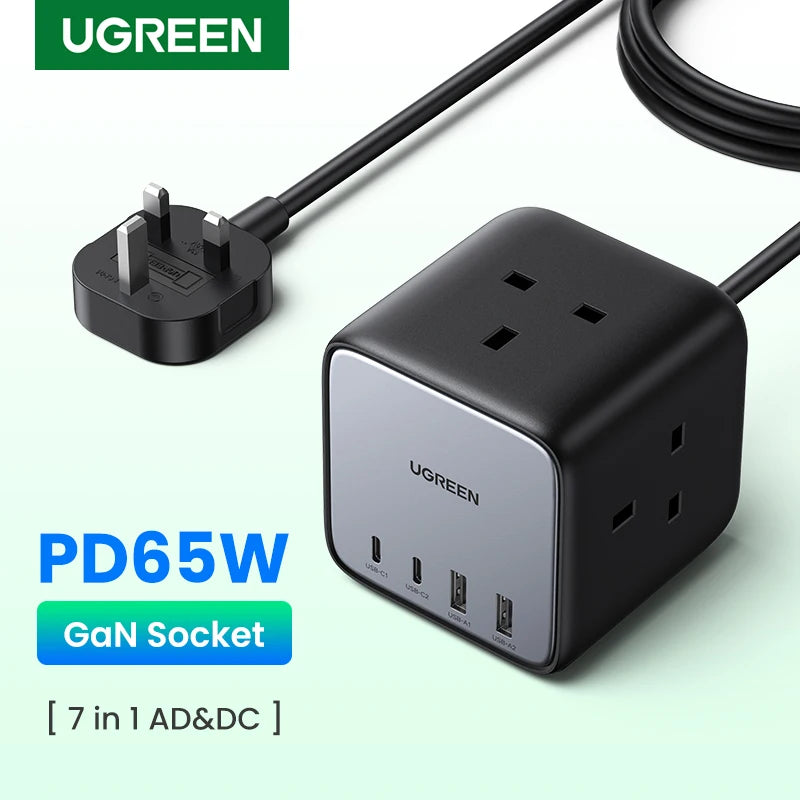 UGREEN 65W UK Plug Power Strip Fast Charger  GaN Socket 7in1 AD&Dc for Power Strip Charging Station
