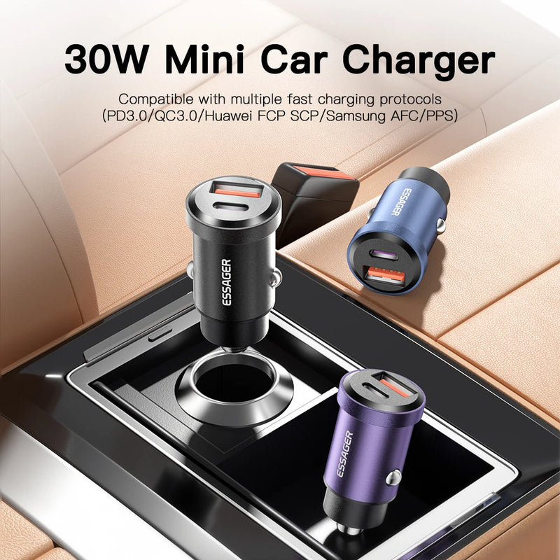 ឆ្នាំងសាករថយន្ត Essager 30W USB Quick Charge 4.0 QC PD 3.0 SCP 5A USB Type C សាកថ្មរថយន្តលឿនសម្រាប់ iPhone 14 13 Huawei Samsung Xiaomi